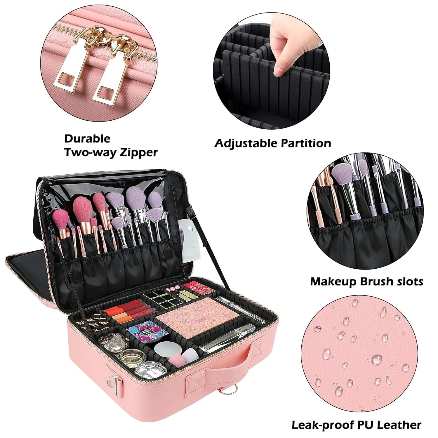 gzcz Travel Makeup Case 16.2 Inches Large Capacity Cosmetic Bag Organizer Portable Waterproof Artist Storage Bag with Adjustable Dividers and Shoulder Strap for Make up Brushes Jewelry (Pink)