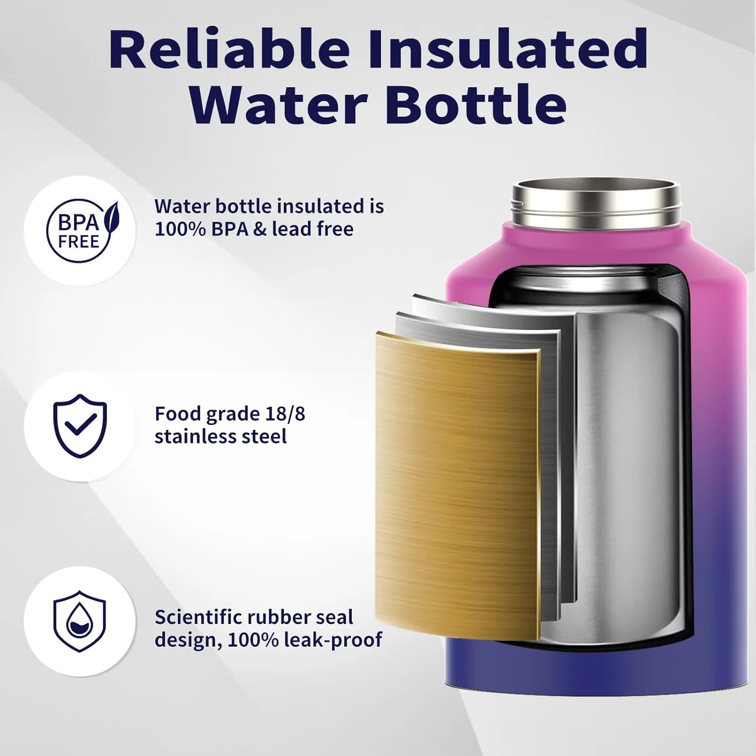 Half Gallon Water Bottle Insulated(Cold for 48 Hrs),BPA Free&Leak Proof,64oz Stainless Steel Water Jug/Flask,Big thermo,Large Water Bottle with Handle for Gym,Hiking,Camping,Gradient Purple