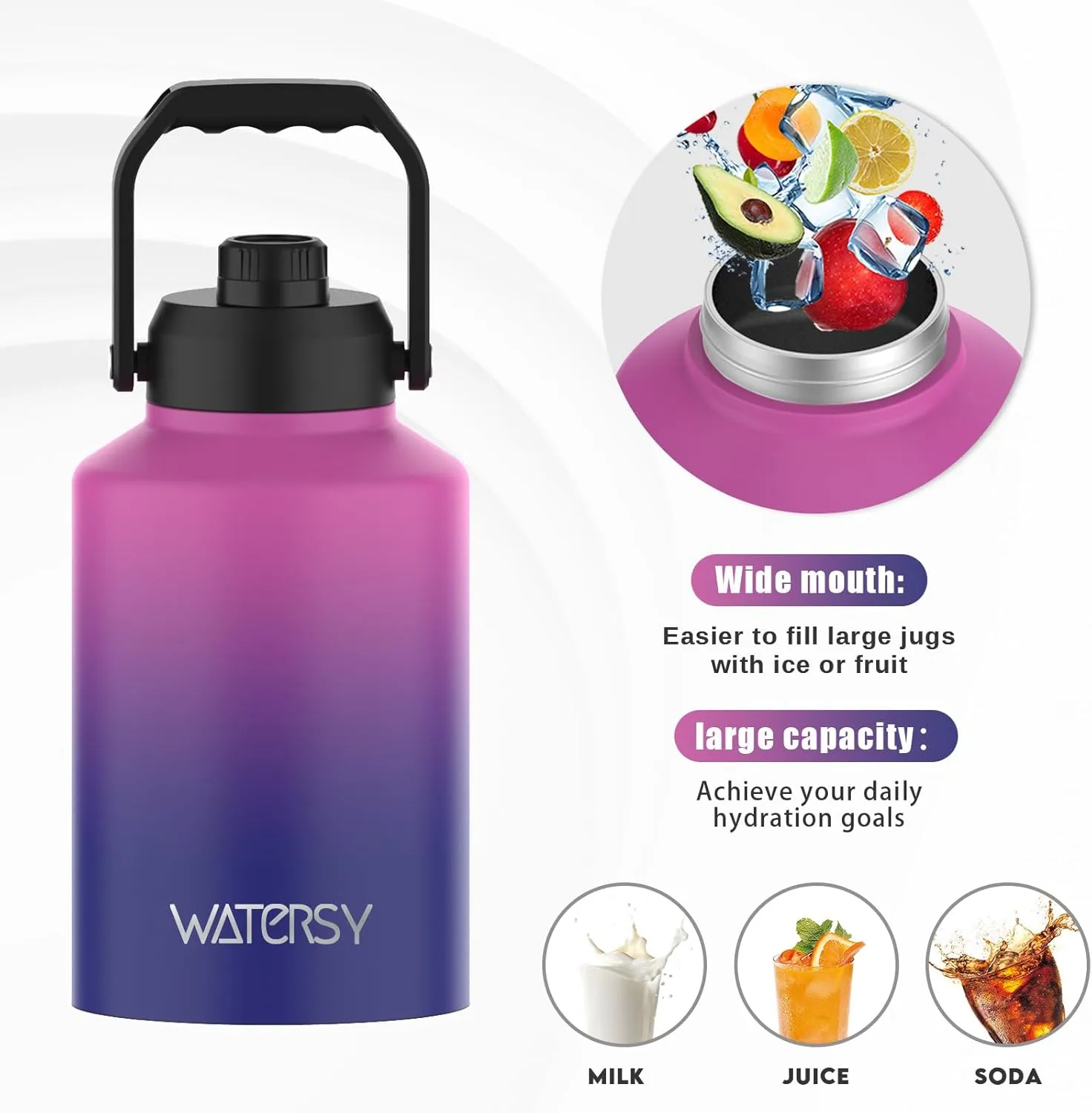 Half Gallon Water Bottle Insulated(Cold for 48 Hrs),BPA Free&Leak Proof,64oz Stainless Steel Water Jug/Flask,Big thermo,Large Water Bottle with Handle for Gym,Hiking,Camping,Gradient Purple