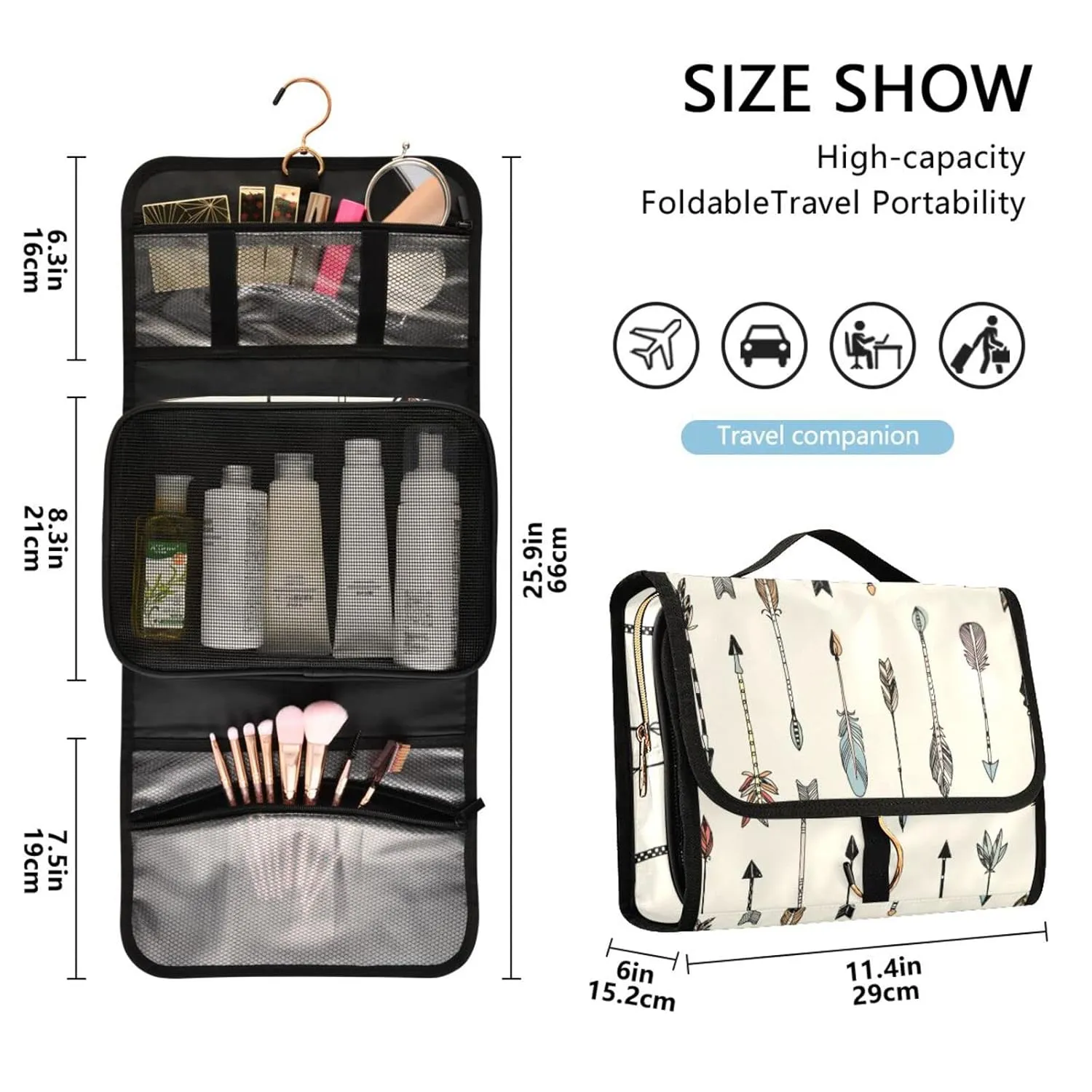 Hand Drawn Ethnic Tribal Arrows Seamless Patten on Cream 1 PC Hanging Toiletry Wash bag Portable Makeup Organizer Brush Storage Case Portable Travel Cosmetic with Hook
