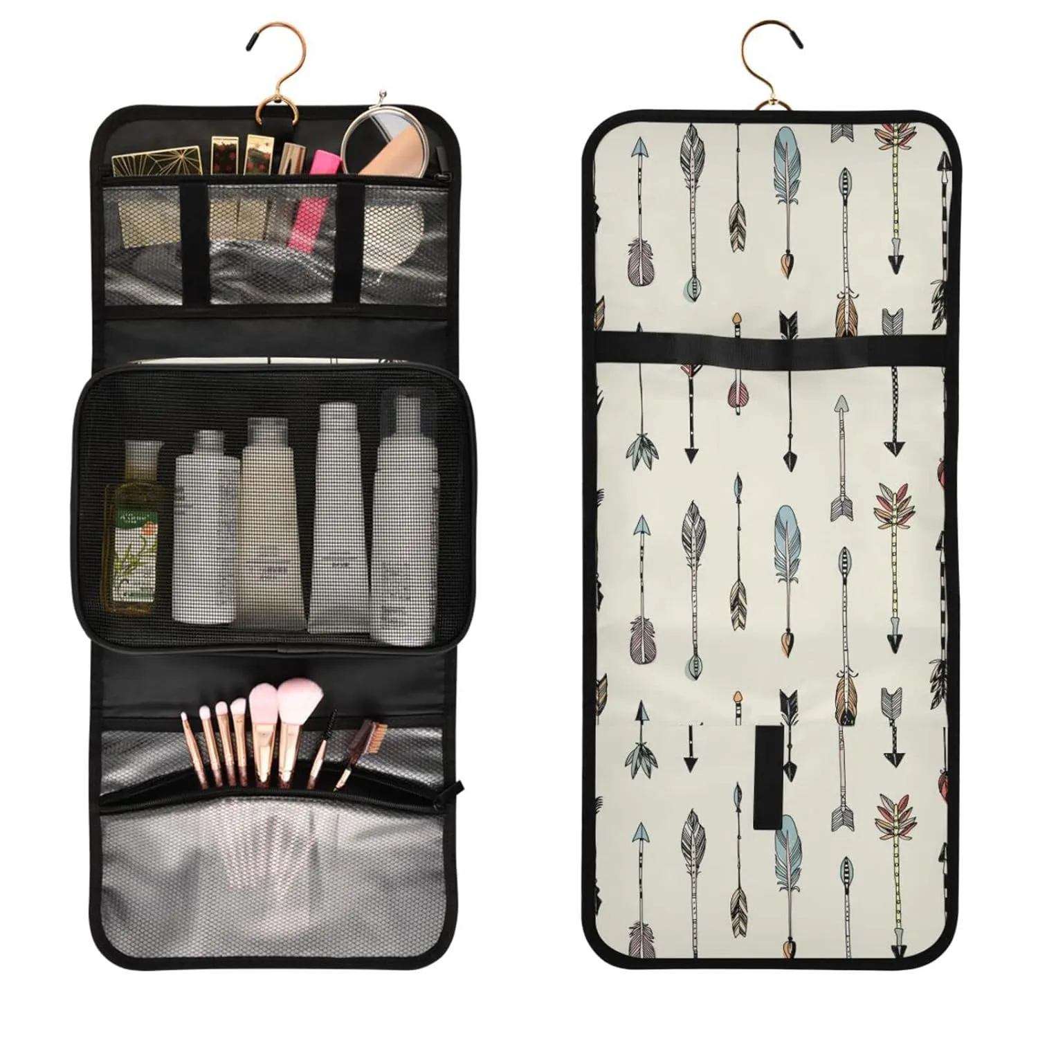 Hand Drawn Ethnic Tribal Arrows Seamless Patten on Cream 1 PC Hanging Toiletry Wash bag Portable Makeup Organizer Brush Storage Case Portable Travel Cosmetic with Hook