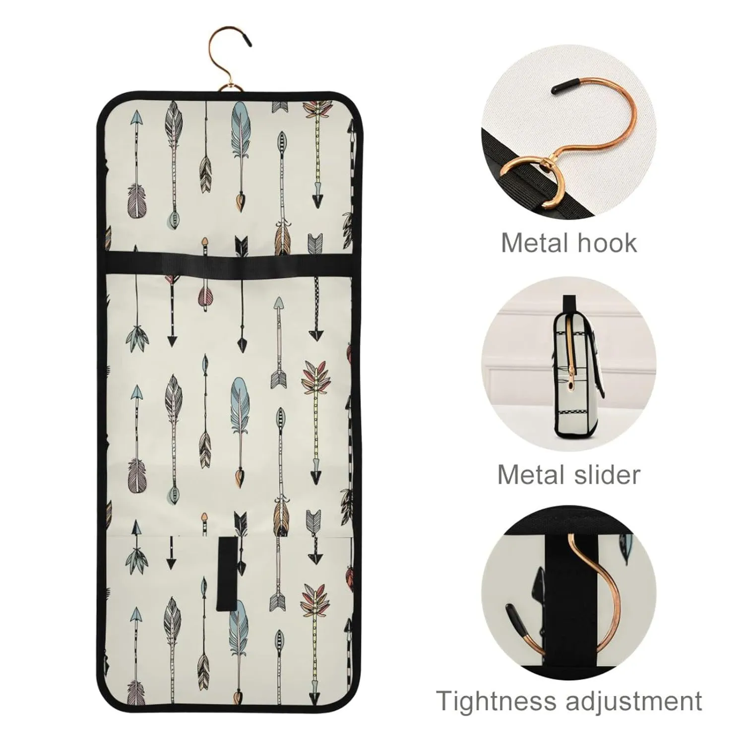 Hand Drawn Ethnic Tribal Arrows Seamless Patten on Cream 1 PC Hanging Toiletry Wash bag Portable Makeup Organizer Brush Storage Case Portable Travel Cosmetic with Hook
