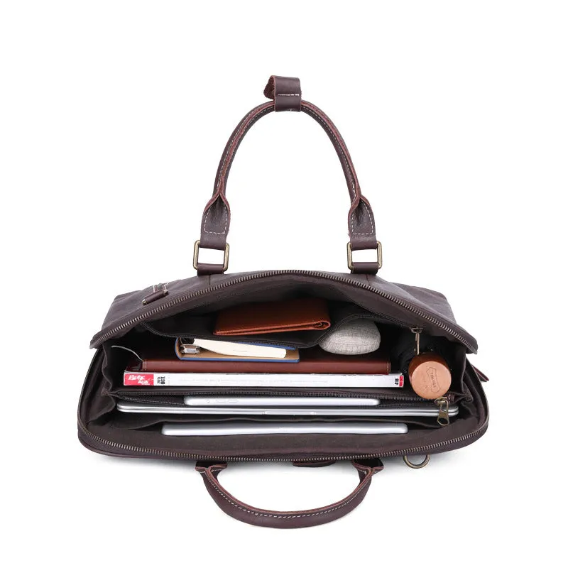 Handmade Vintage Leather Two-Way Zipper Laptop Briefcase