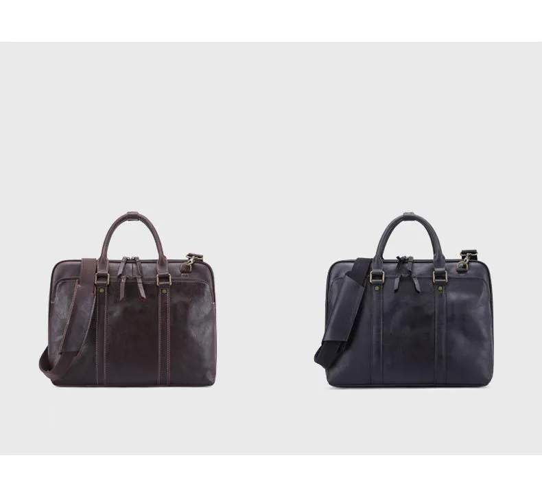 Handmade Vintage Leather Two-Way Zipper Laptop Briefcase