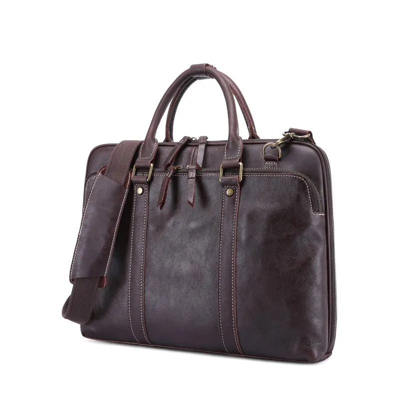 Handmade Vintage Leather Two-Way Zipper Laptop Briefcase