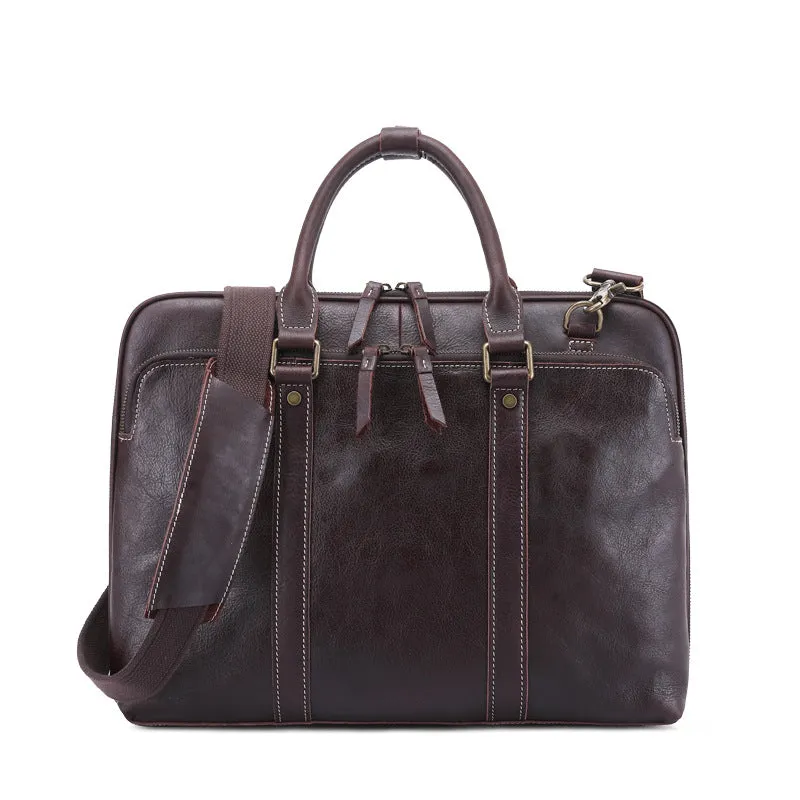 Handmade Vintage Leather Two-Way Zipper Laptop Briefcase