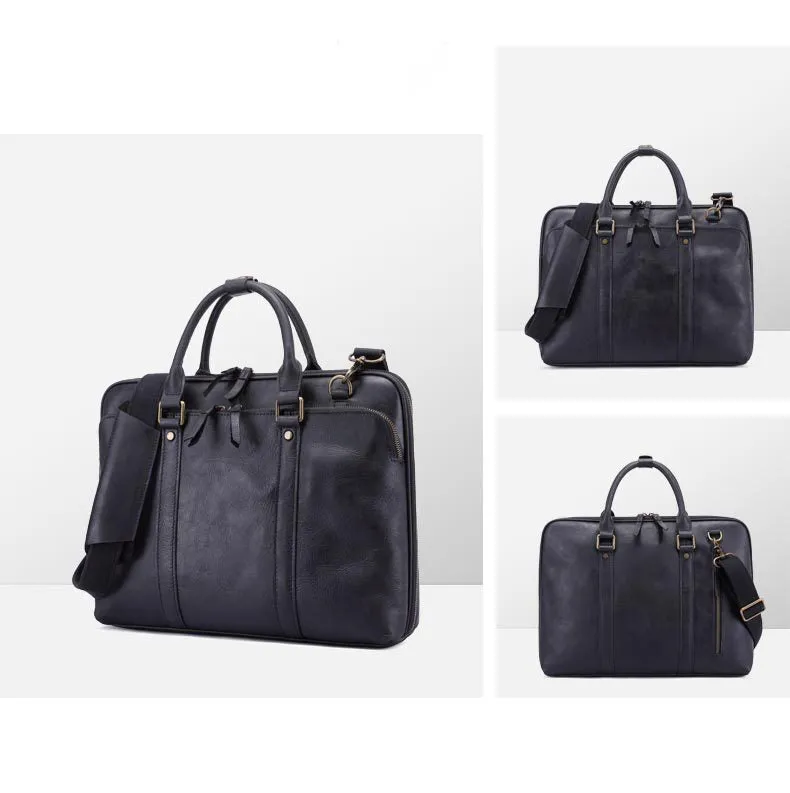 Handmade Vintage Leather Two-Way Zipper Laptop Briefcase