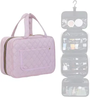 Hanging Toiletry Bag Travel Makeup Organizer for Women and Men with Hooks Water-resistant Multi Compartment Transparent Cosmetics Storage Box for Makeup Accessories, Toiletries Pink