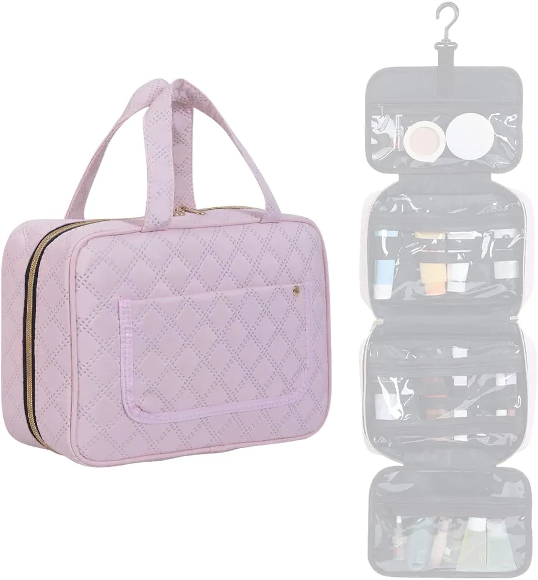 Hanging Toiletry Bag Travel Makeup Organizer for Women and Men with Hooks Water-resistant Multi Compartment Transparent Cosmetics Storage Box for Makeup Accessories, Toiletries Pink