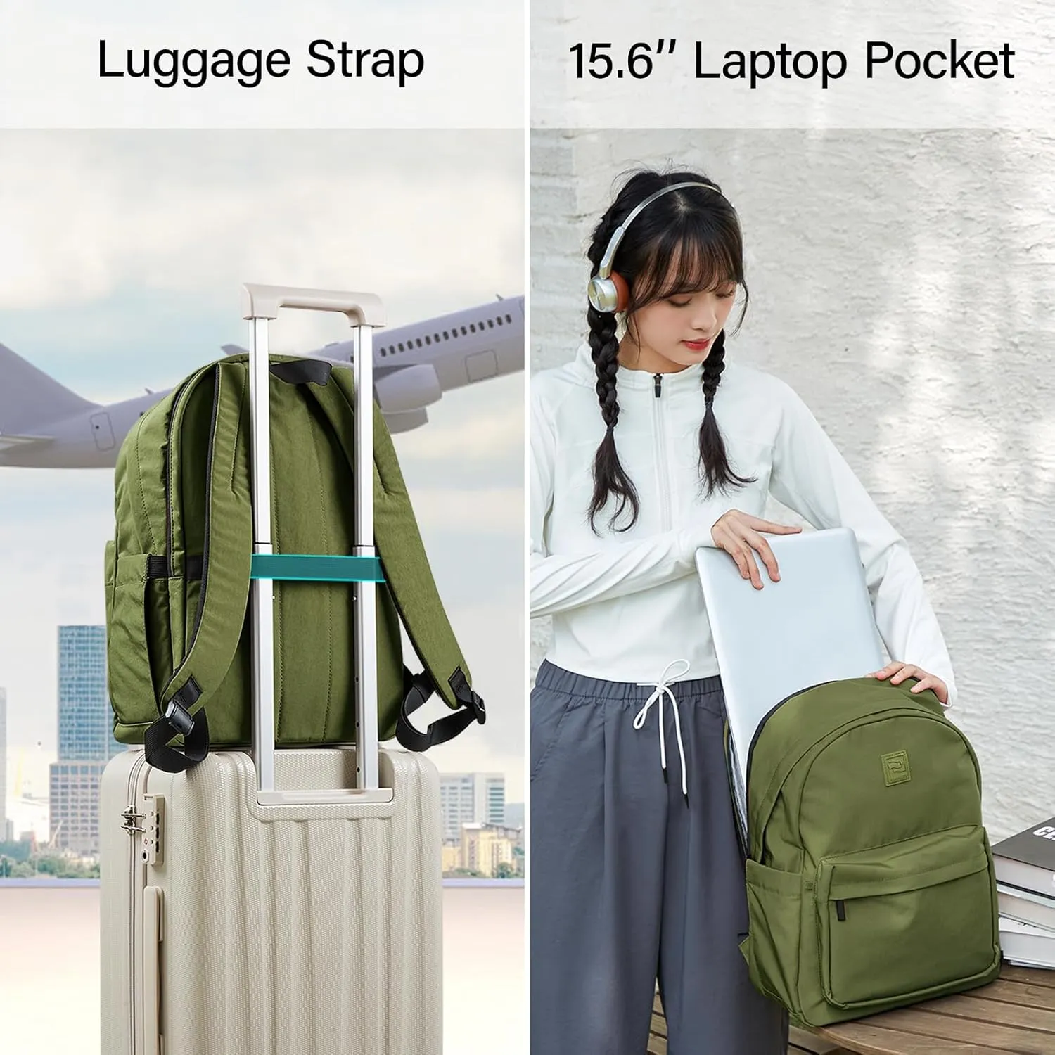 Hanke Travel Backpack for Women, Lightweight Personal Item Backpack, Carry On Backpack for Women, Airline Approved Work Backpacks Woman Casual Daypack (Pine Green)