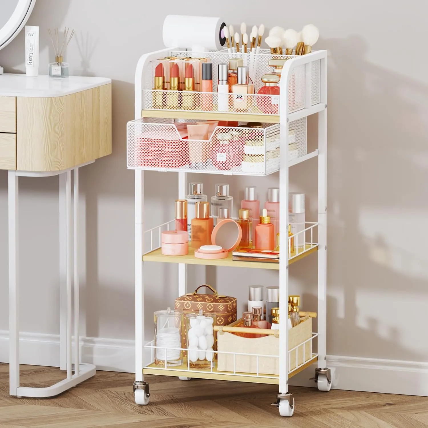 HapiRm Makeup Organizer Storage Cart - 4 Tier Skincare Make Up Storage with Drawer, Rolling Makeup Cart Vanity Organizer Cosmetics Display Cases Holder for Skin Care Perfume Nail Polish Brush