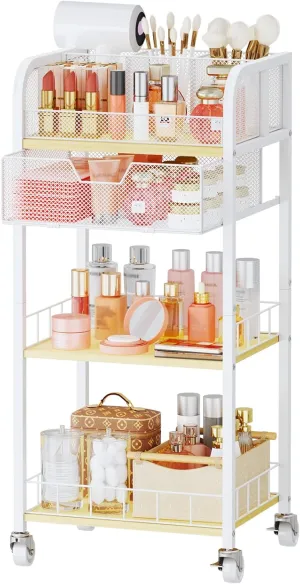 HapiRm Makeup Organizer Storage Cart - 4 Tier Skincare Make Up Storage with Drawer, Rolling Makeup Cart Vanity Organizer Cosmetics Display Cases Holder for Skin Care Perfume Nail Polish Brush