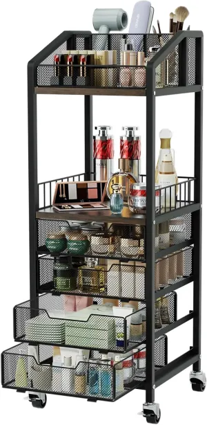 HapiRm Makeup Organizer Storage Cart - Floor Skincare Make Up Storage with 4 Drawers, Rolling Makeup Cart Vanity Organizer Cosmetics Display Cases Holder for Skin Care Perfume Nail Polish