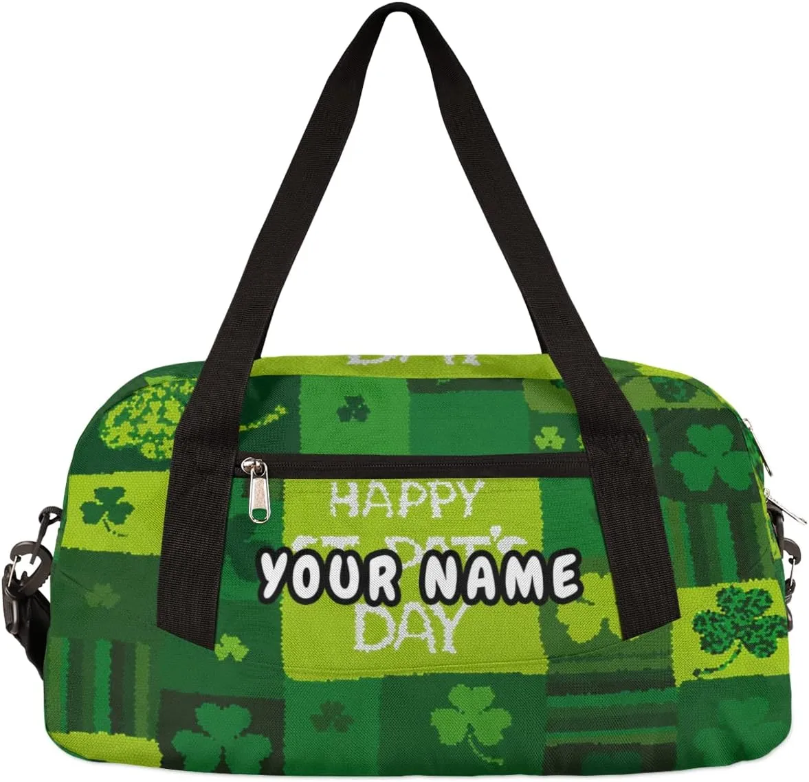 Happy St Patricks Day Personalized Kids Duffel Bag for Girls Boys, Clovers Debris Custom Name Dance Bag Overnight Small Duffel Bag Carry On Sports Travel Bag for School Practice Gymnastics Ballet