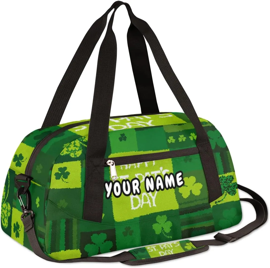 Happy St Patricks Day Personalized Kids Duffel Bag for Girls Boys, Clovers Debris Custom Name Dance Bag Overnight Small Duffel Bag Carry On Sports Travel Bag for School Practice Gymnastics Ballet