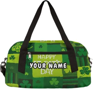 Happy St Patricks Day Personalized Kids Duffel Bag for Girls Boys, Clovers Debris Custom Name Dance Bag Overnight Small Duffel Bag Carry On Sports Travel Bag for School Practice Gymnastics Ballet