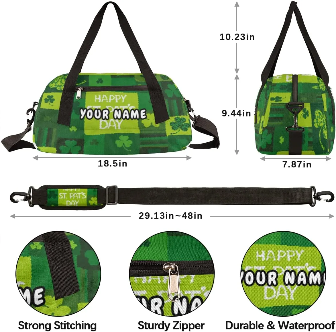 Happy St Patricks Day Personalized Kids Duffel Bag for Girls Boys, Clovers Debris Custom Name Dance Bag Overnight Small Duffel Bag Carry On Sports Travel Bag for School Practice Gymnastics Ballet