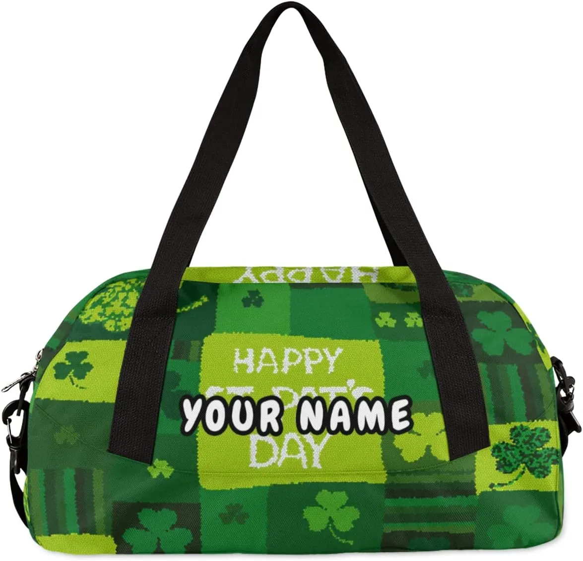 Happy St Patricks Day Personalized Kids Duffel Bag for Girls Boys, Clovers Debris Custom Name Dance Bag Overnight Small Duffel Bag Carry On Sports Travel Bag for School Practice Gymnastics Ballet