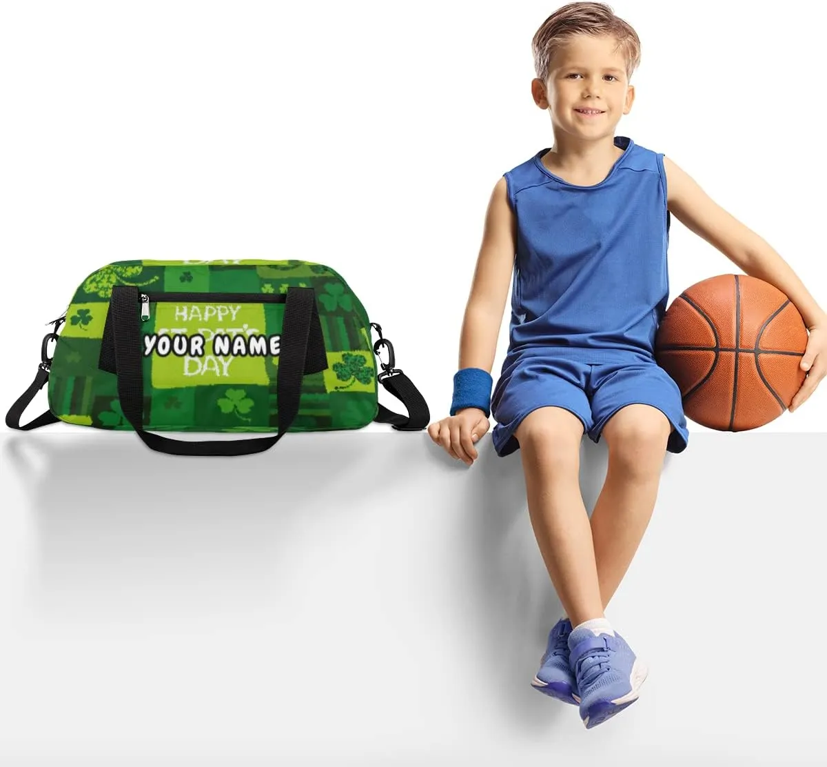 Happy St Patricks Day Personalized Kids Duffel Bag for Girls Boys, Clovers Debris Custom Name Dance Bag Overnight Small Duffel Bag Carry On Sports Travel Bag for School Practice Gymnastics Ballet