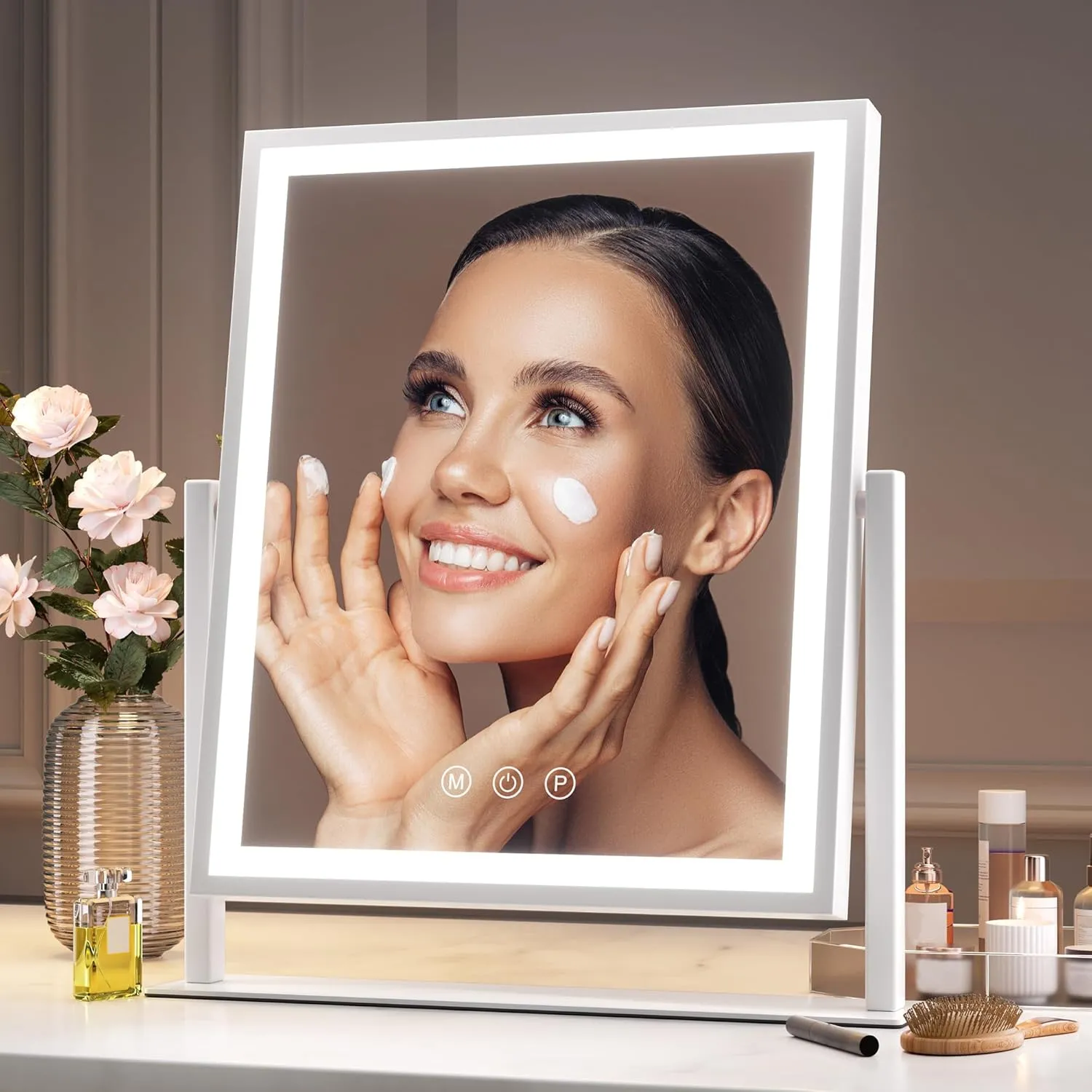 Hasipu Vanity Mirror with Lights, 12" x 14" LED Makeup Mirror, Light up Mirror with Smart Touch 3 Color Modes and Brightness Adjustment, 10X Magnifying Glass,360° Rotation