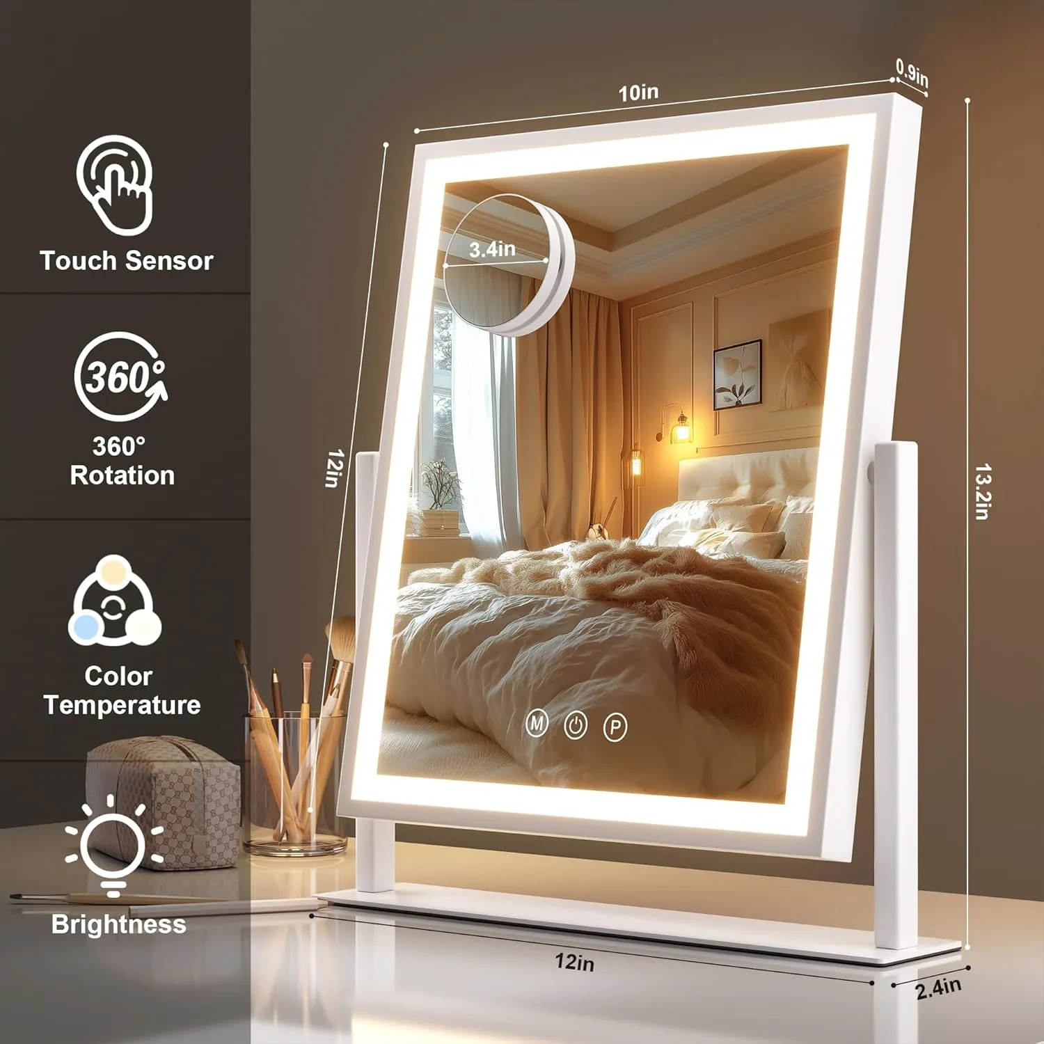 Hasipu Vanity Mirror with Lights, 12" x 14" LED Makeup Mirror, Light up Mirror with Smart Touch 3 Color Modes and Brightness Adjustment, 10X Magnifying Glass,360° Rotation