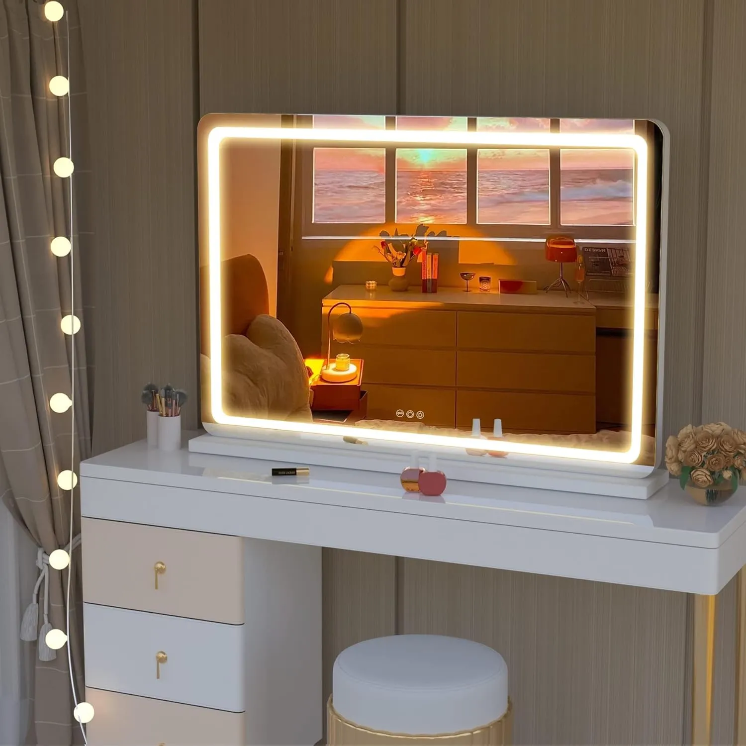 Hasipu Vanity Mirror with Lights, 27.6" x 20" LED Makeup Mirror, Lighted Makeup Mirror with Dimmable 3 Modes, Touch Screen Control Vanity Mirror Round White