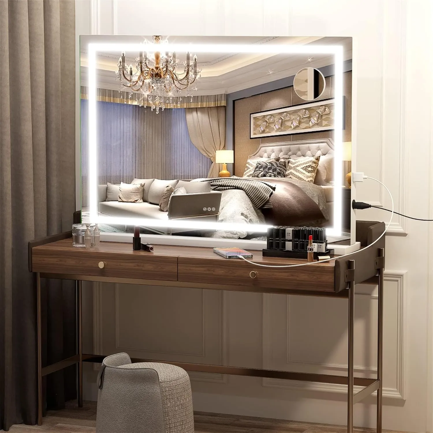 Hasipu Vanity Mirror with Lights, 32" x 22" LED Makeup Mirror, Lighted Makeup Mirror with Dimmable 3 Modes, Touch Screen Control Vanity Mirror Square White
