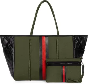 Haute Shore - Greyson Avenue Neoprene Tote Bag w/Zipper Wristlet Inside, Army W/Black & Red Stripe