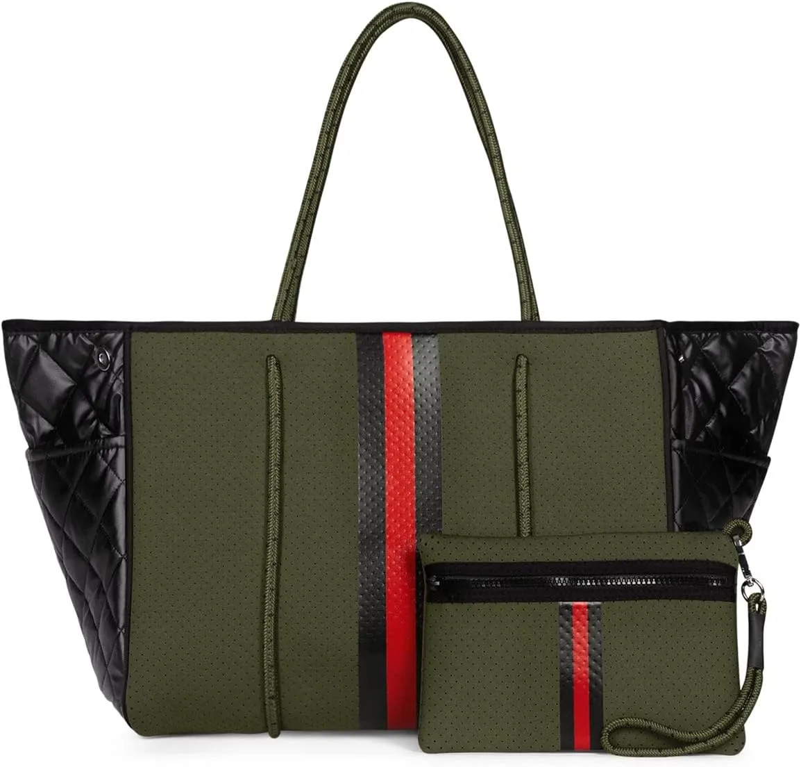 Haute Shore - Greyson Avenue Neoprene Tote Bag w/Zipper Wristlet Inside, Army W/Black & Red Stripe