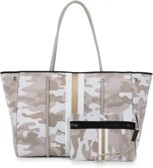 Haute Shore - Greyson Sahara Neoprene Tote Bag wZipper Wristlet Inside, Beige Camo WWhite & Rosegold Stripe