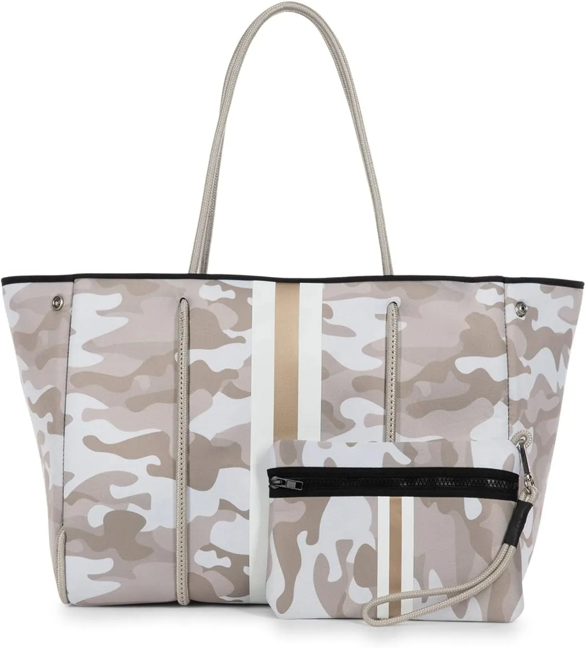Haute Shore - Greyson Sahara Neoprene Tote Bag wZipper Wristlet Inside, Beige Camo WWhite & Rosegold Stripe