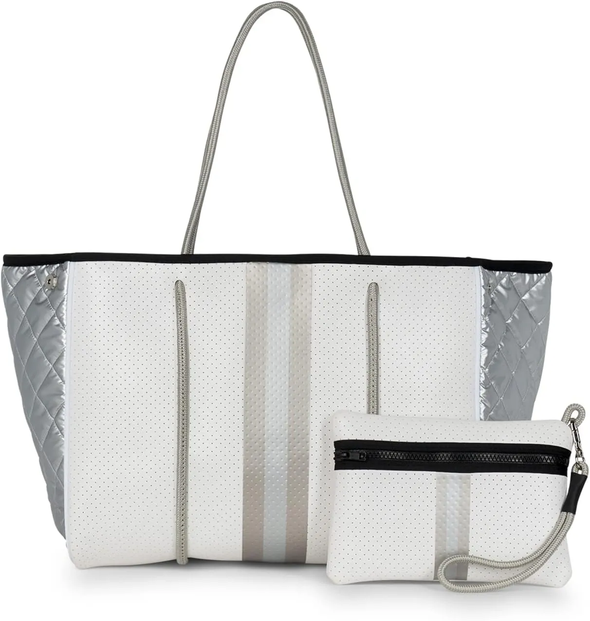 Haute Shore - Greyson Vapor Neoprene Tote Bag w/Zipper Wristlet Inside, White Coated W/Silver & Rosegold Stripe, One_Size