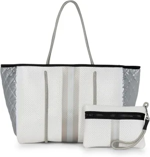 Haute Shore - Greyson Vapor Neoprene Tote Bag w/Zipper Wristlet Inside, White Coated W/Silver & Rosegold Stripe, One_Size