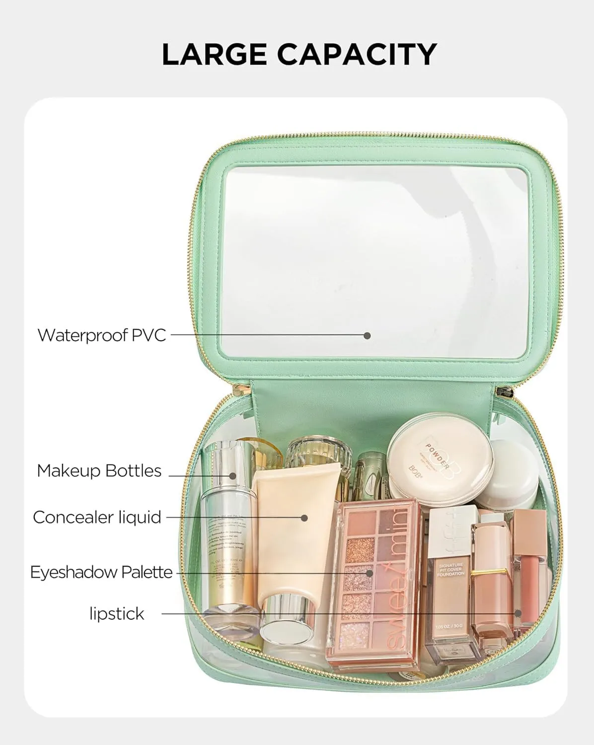 HBlife Clear Makeup Bag Organizer, Portable Travel Toiletry Cosmetic Bag Case for Women, Medium Make Up Bag Makeup Train Case Transparent Storage Bag Pouch with Handle(Green)