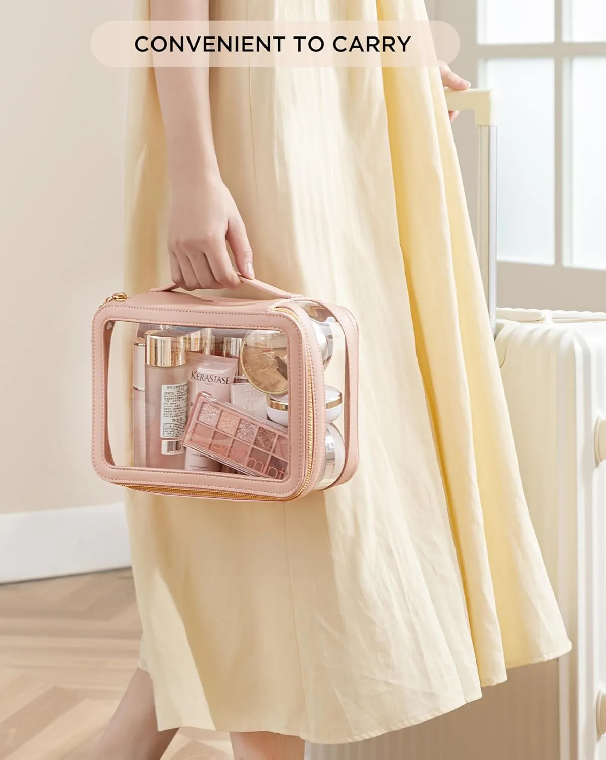 HBlife Clear Makeup Bag Organizer Set, Portable Travel Toiletry Cosmetic Bag Case for Women, Large Make Up Bag Makeup Train Case Transparent Storage Bag Pouch with Handle(Pink)
