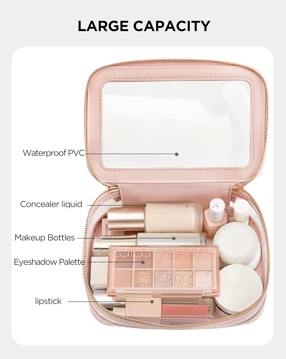 HBlife Clear Makeup Bag Organizer Set, Portable Travel Toiletry Cosmetic Bag Case for Women, Large Make Up Bag Makeup Train Case Transparent Storage Bag Pouch with Handle(Pink)