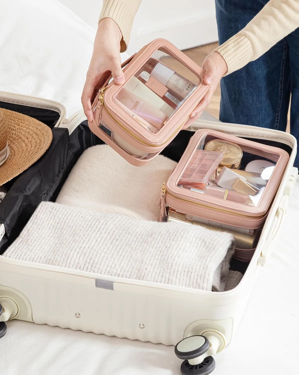 HBlife Clear Makeup Bag Organizer Set, Portable Travel Toiletry Cosmetic Bag Case for Women, Large Make Up Bag Makeup Train Case Transparent Storage Bag Pouch with Handle(Pink)