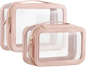 HBlife Clear Makeup Bag Organizer Set, Portable Travel Toiletry Cosmetic Bag Case for Women, Large Make Up Bag Makeup Train Case Transparent Storage Bag Pouch with Handle(Pink)