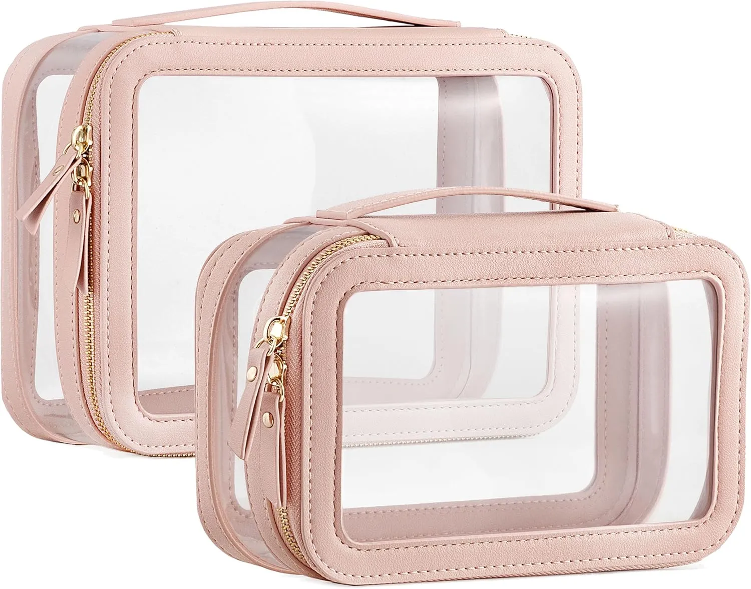HBlife Clear Makeup Bag Organizer Set, Portable Travel Toiletry Cosmetic Bag Case for Women, Large Make Up Bag Makeup Train Case Transparent Storage Bag Pouch with Handle(Pink)