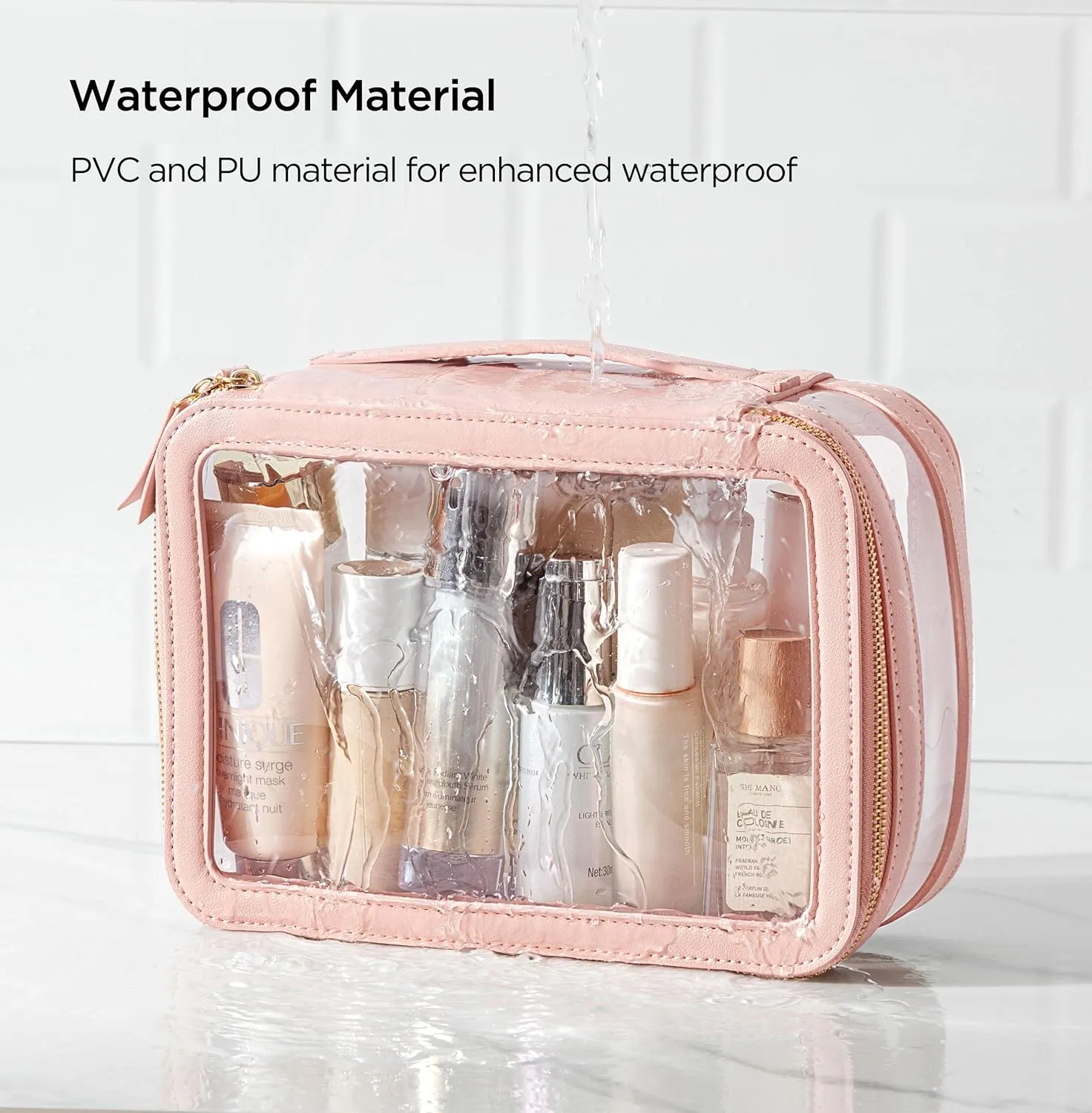 HBlife Clear Makeup Bag Organizer Set, Portable Travel Toiletry Cosmetic Bag Case for Women, Large Make Up Bag Makeup Train Case Transparent Storage Bag Pouch with Handle(Pink)