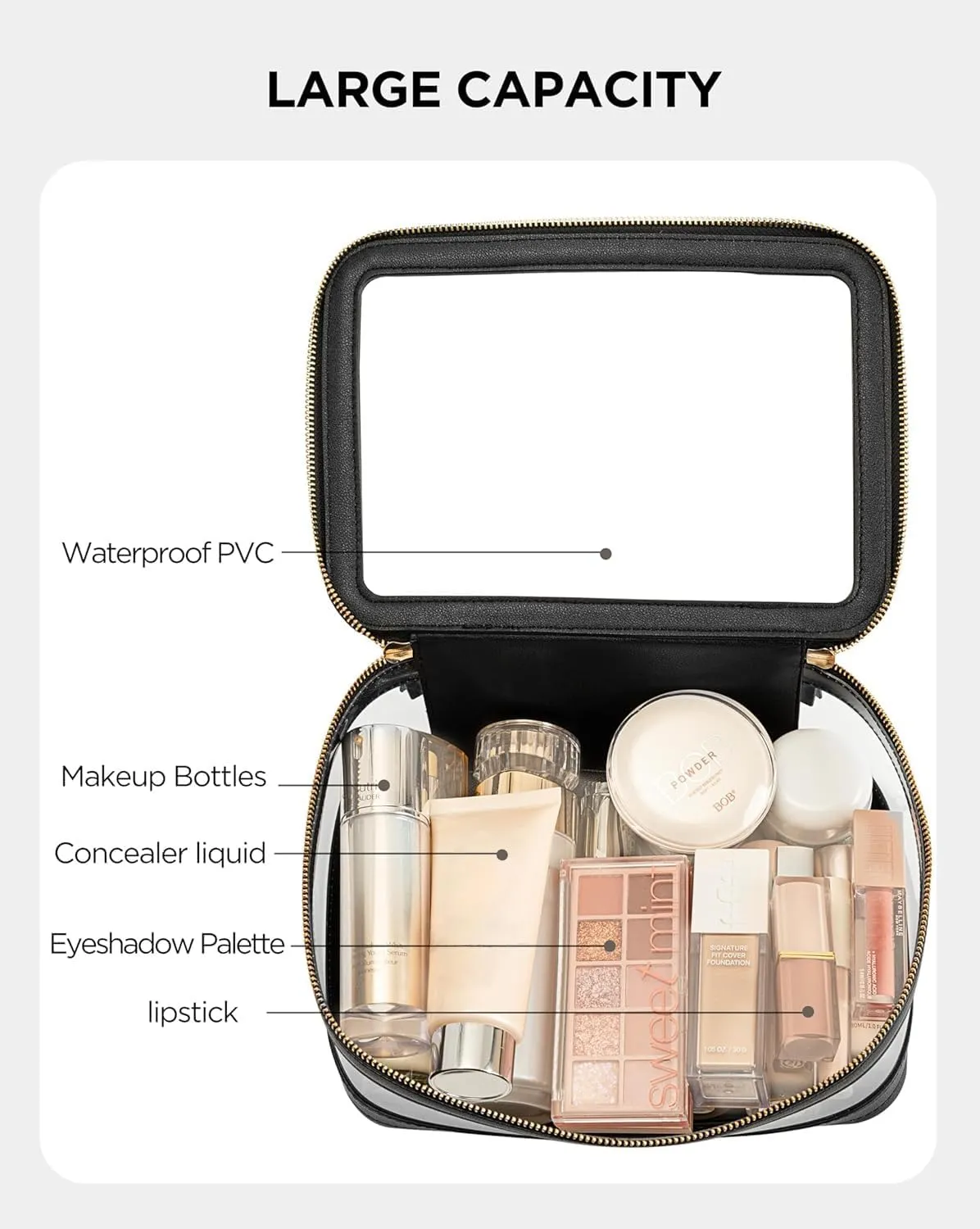 HBlife Clear Makeup Organizer, Portable Travel Toiletry Cosmetic Case for Women, Medium Make Up Train Case Transparent Storage Pouch with Handle(Black)