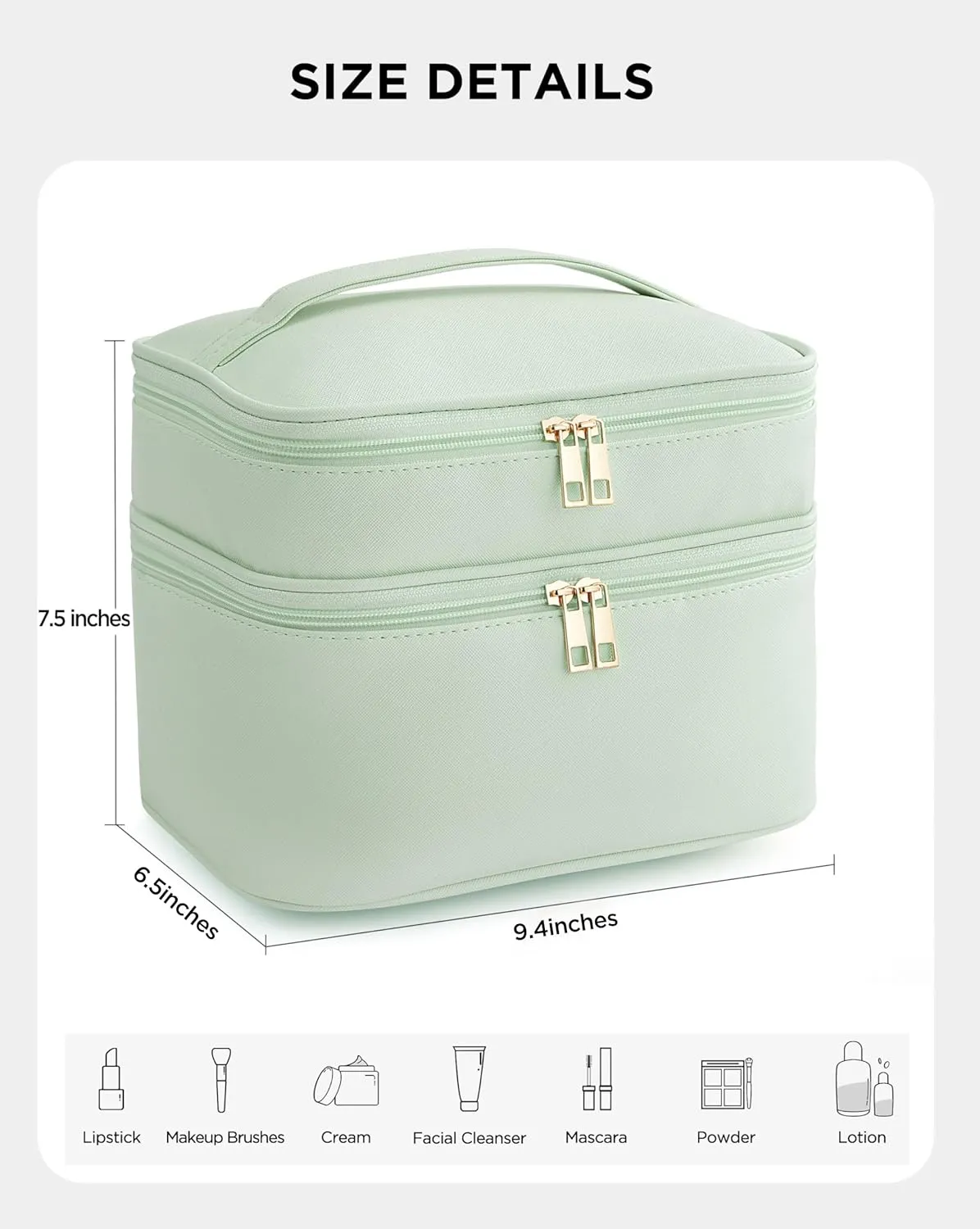 HBlife Double Layer Travel Makeup Bag Portable Cute Leather Cosmetic Bag Large Make Up Bag Makeup Case Organizer Toiletry Bag for Women Girls with Handle and Removable Divider(Green)