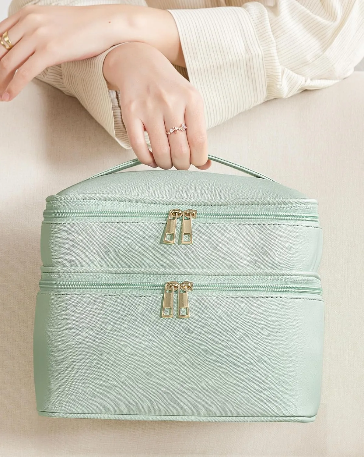 HBlife Double Layer Travel Makeup Bag Portable Cute Leather Cosmetic Bag Large Make Up Bag Makeup Case Organizer Toiletry Bag for Women Girls with Handle and Removable Divider(Green)