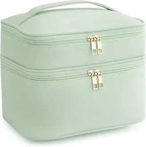 HBlife Double Layer Travel Makeup Bag Portable Cute Leather Cosmetic Bag Large Make Up Bag Makeup Case Organizer Toiletry Bag for Women Girls with Handle and Removable Divider(Green)