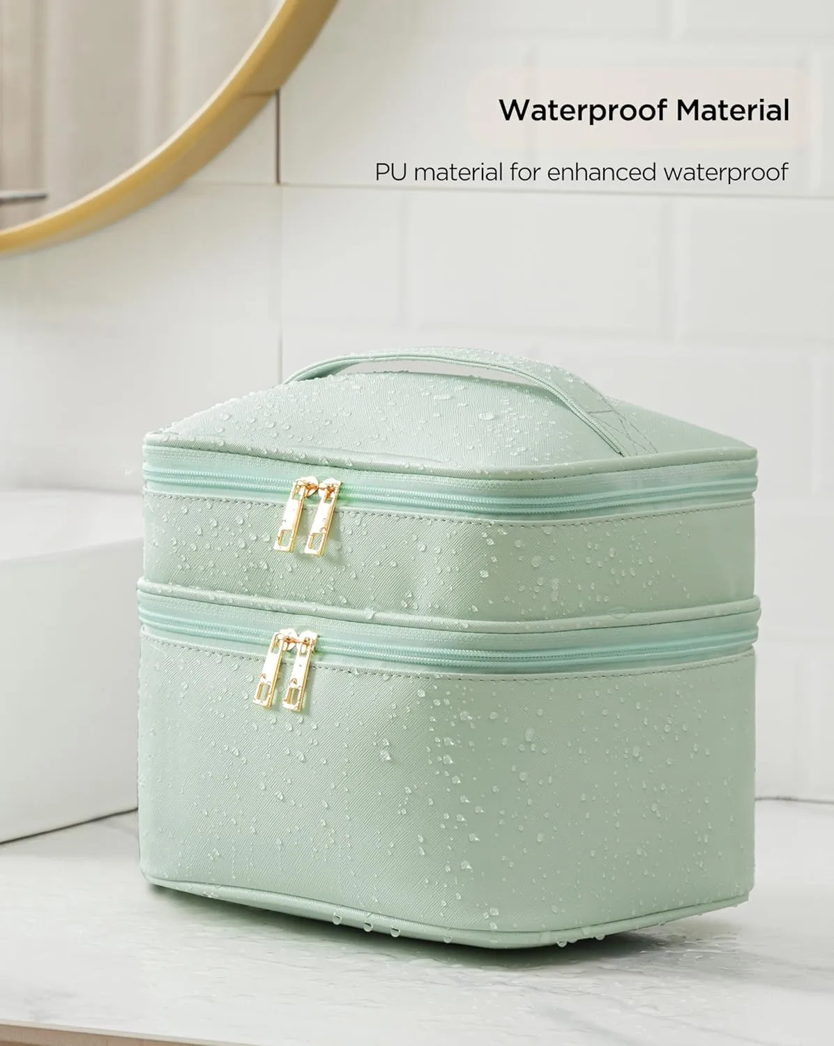 HBlife Double Layer Travel Makeup Bag Portable Cute Leather Cosmetic Bag Large Make Up Bag Makeup Case Organizer Toiletry Bag for Women Girls with Handle and Removable Divider(Green)