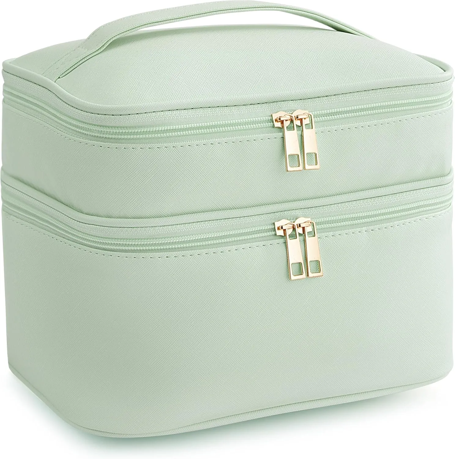 HBlife Double Layer Travel Makeup Bag Portable Cute Leather Cosmetic Bag Large Make Up Bag Makeup Case Organizer Toiletry Bag for Women Girls with Handle and Removable Divider(Green)