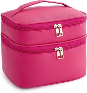 HBlife Double Layer Travel Makeup Bag Portable Cute Leather Cosmetic Bag Large Make Up Bag Makeup Case Organizer Toiletry Bag for Women Girls with Handle and Removable Divider(Hot Pink)