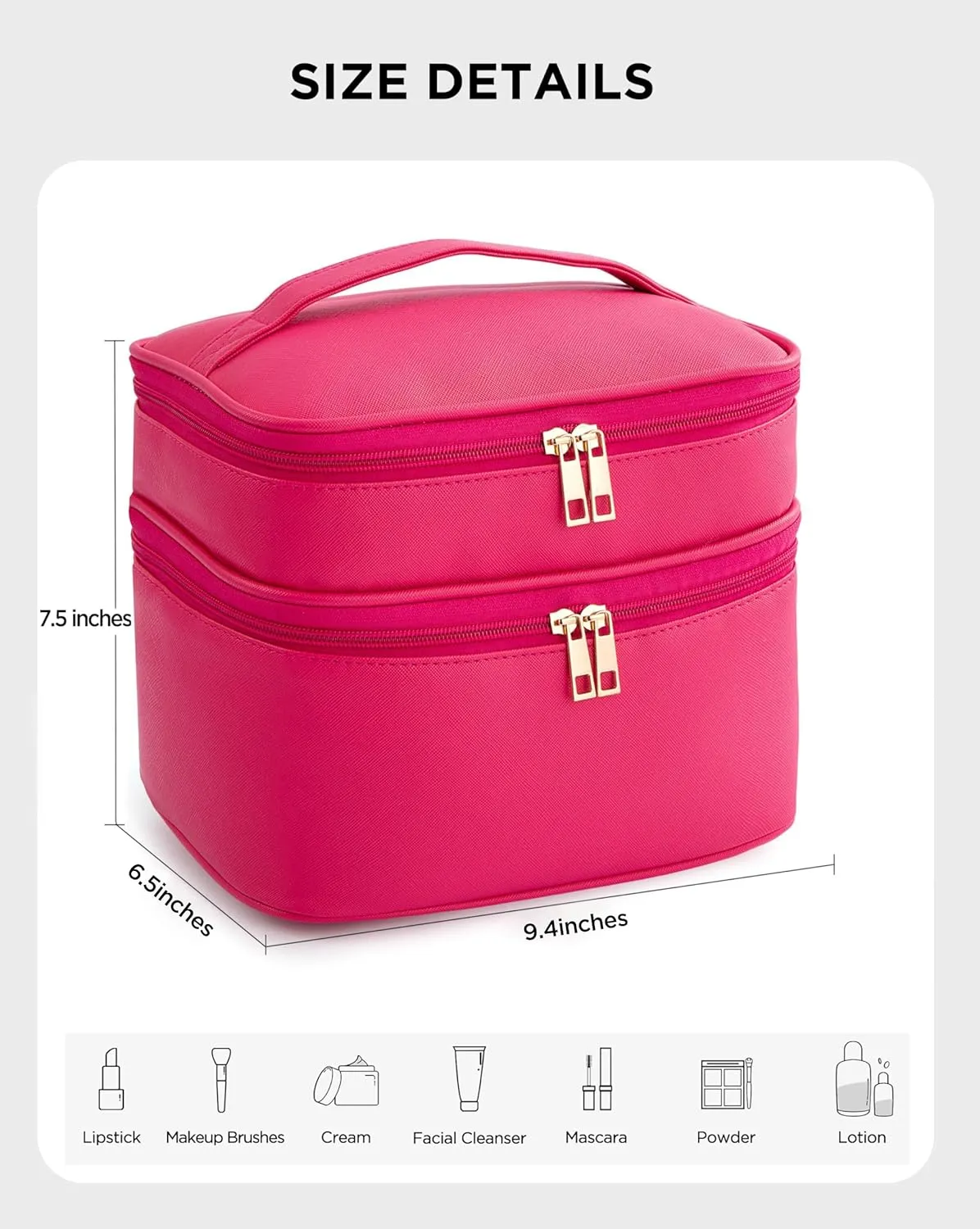 HBlife Double Layer Travel Makeup Bag Portable Cute Leather Cosmetic Bag Large Make Up Bag Makeup Case Organizer Toiletry Bag for Women Girls with Handle and Removable Divider(Hot Pink)