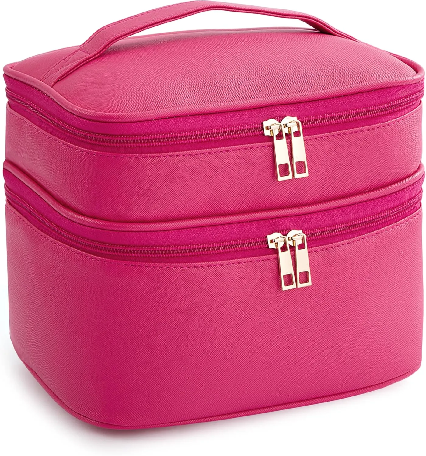 HBlife Double Layer Travel Makeup Bag Portable Cute Leather Cosmetic Bag Large Make Up Bag Makeup Case Organizer Toiletry Bag for Women Girls with Handle and Removable Divider(Hot Pink)