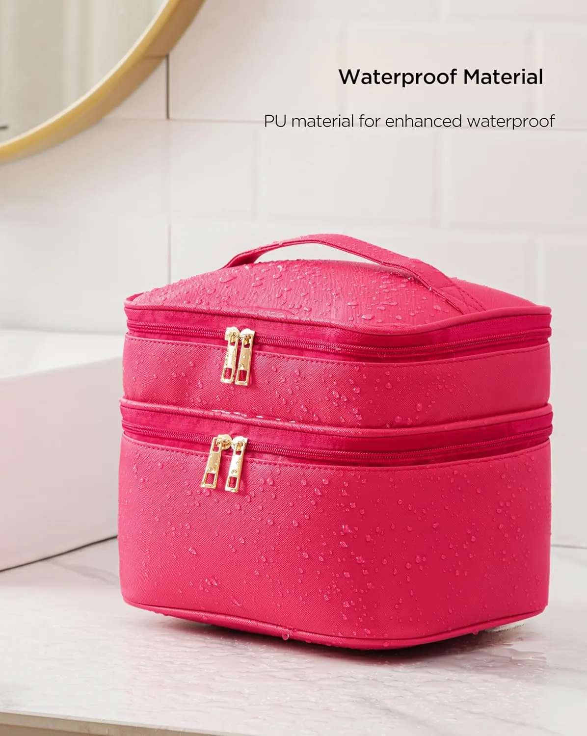 HBlife Double Layer Travel Makeup Bag Portable Cute Leather Cosmetic Bag Large Make Up Bag Makeup Case Organizer Toiletry Bag for Women Girls with Handle and Removable Divider(Hot Pink)